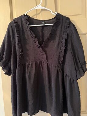 SHEIN Black Swiss Dot Peplum Blouse with Puff Sleeves